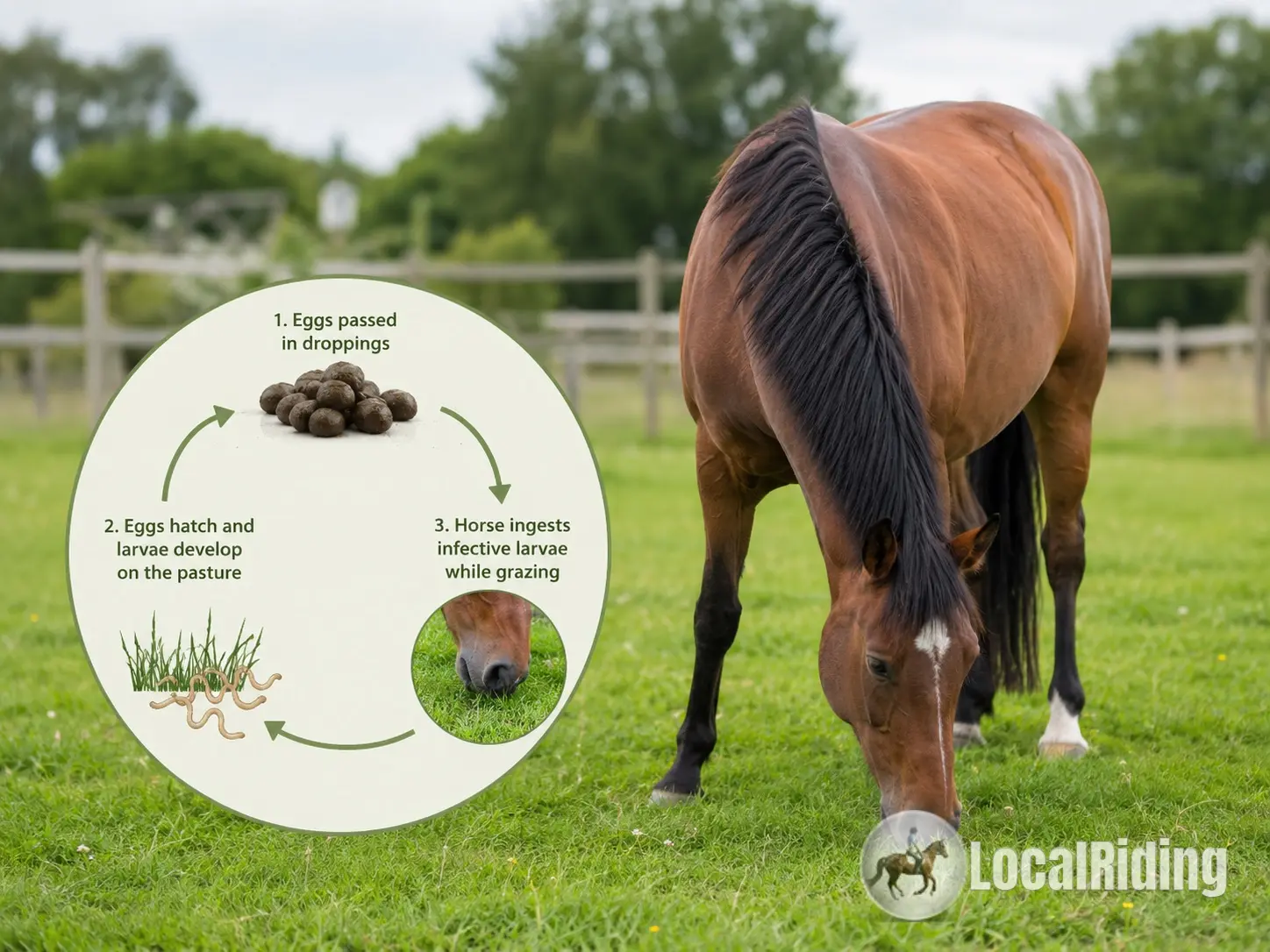 Diagram of the equine parasite life cycle showing worm eggs passed in droppings, larvae developing on pasture and a horse ingesting infective larvae while grazing