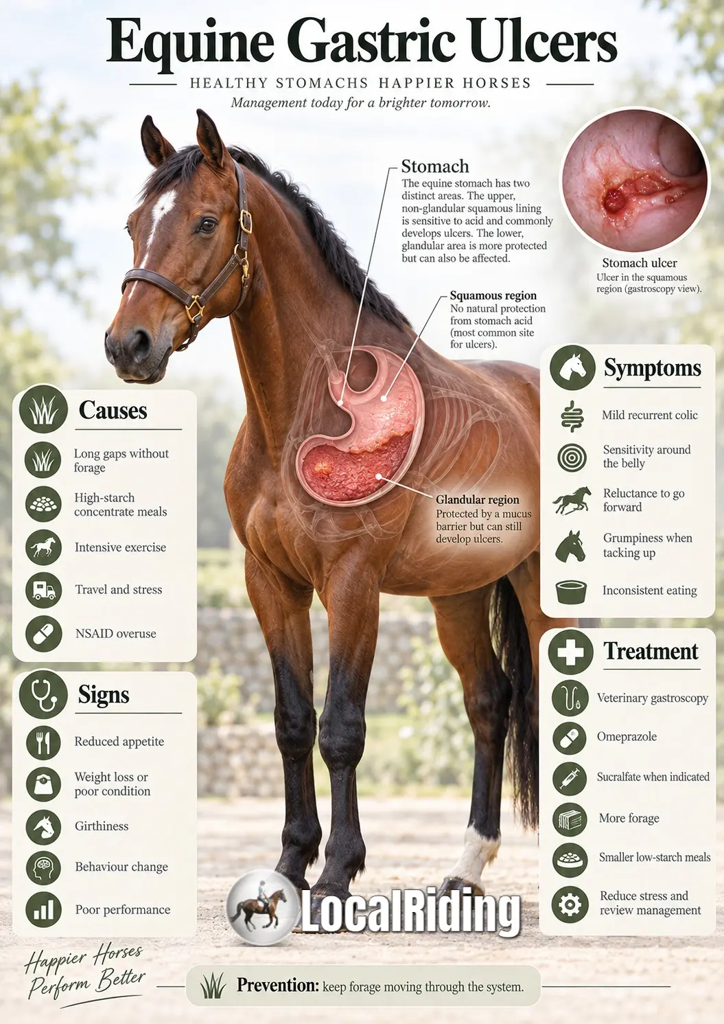 Equine gastric ulcer infographic summarising causes, signs, symptoms, diagnosis, treatment and prevention