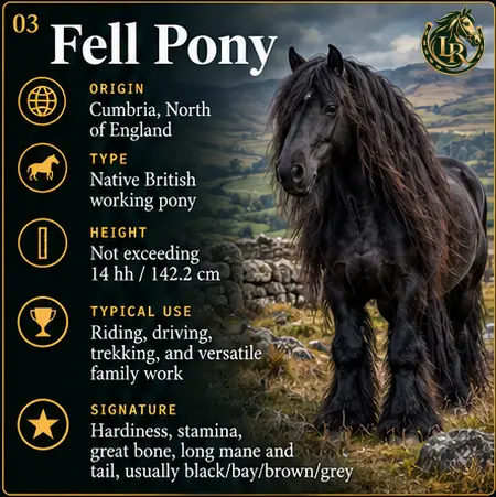 Fell Pony with flowing mane and tail in the Cumbrian hills, a sure-footed native breed