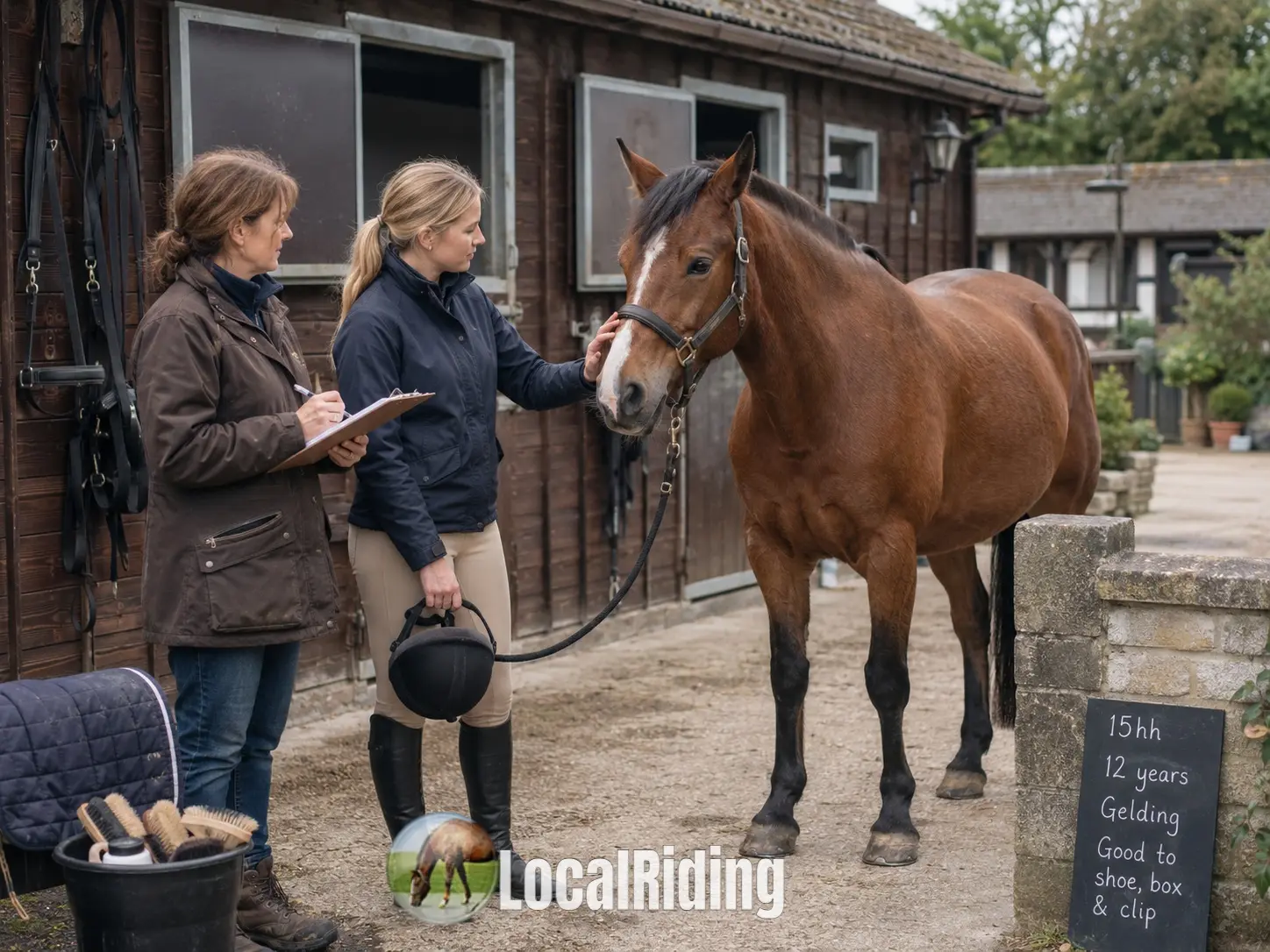 Prospective buyer and instructor assessing a bay gelding at a viewing, with a board showing 15hh, 12 years, gelding, good to shoe, box and clip