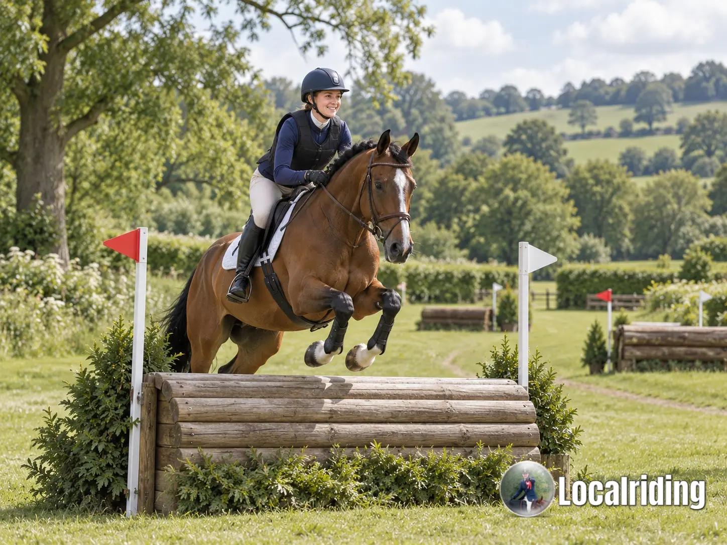 Horse and rider competing across country at a British eventing competition