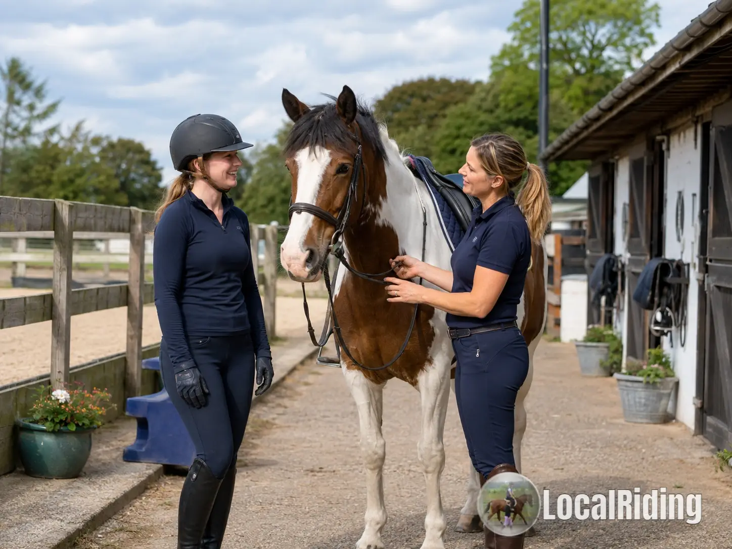 One-to-one riding instruction at a UK yard with an instructor helping a rider prepare a horse for a private lesson