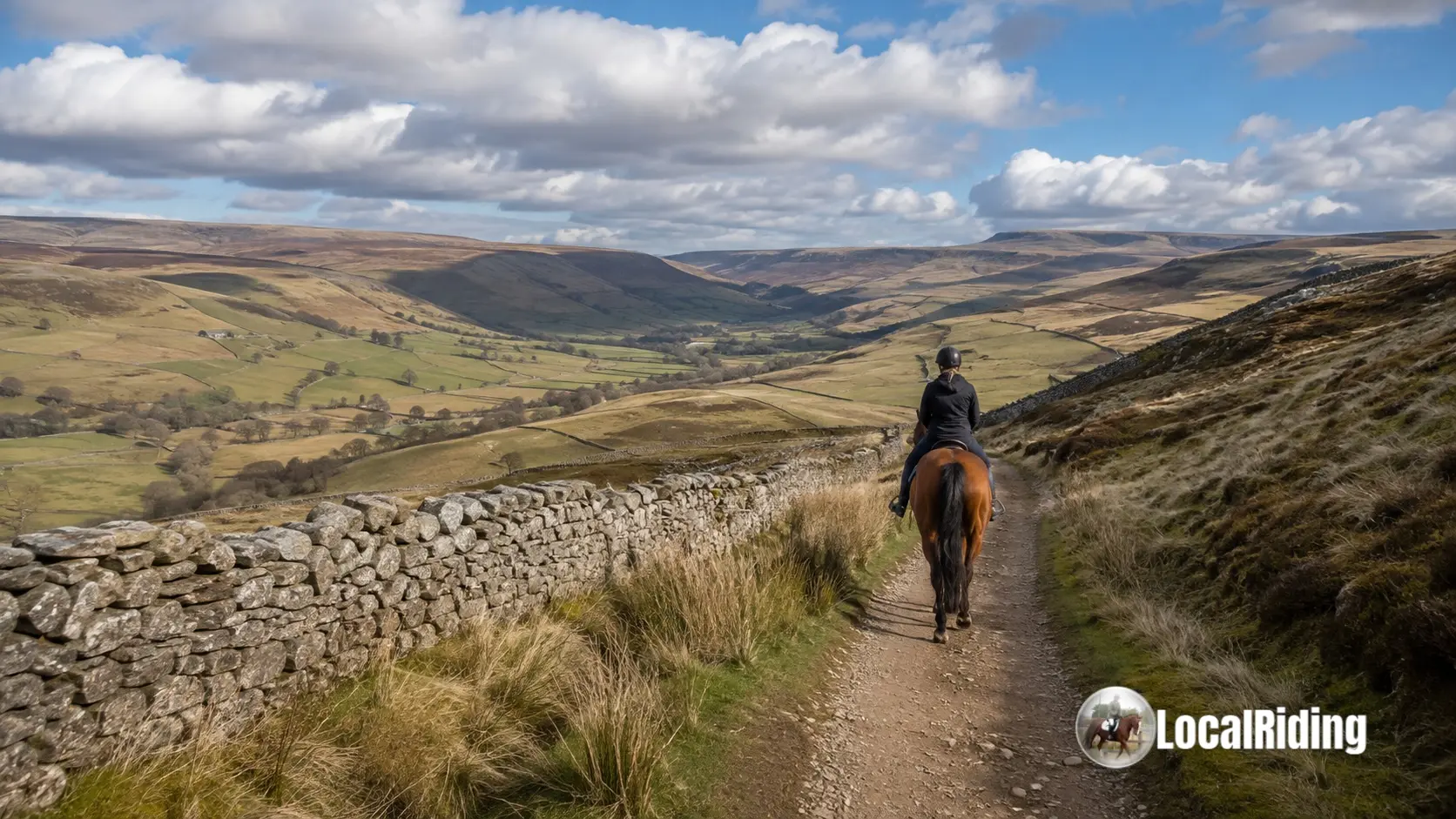 Horse and rider following a bridleway beside a dry stone wall in the Yorkshire Dales