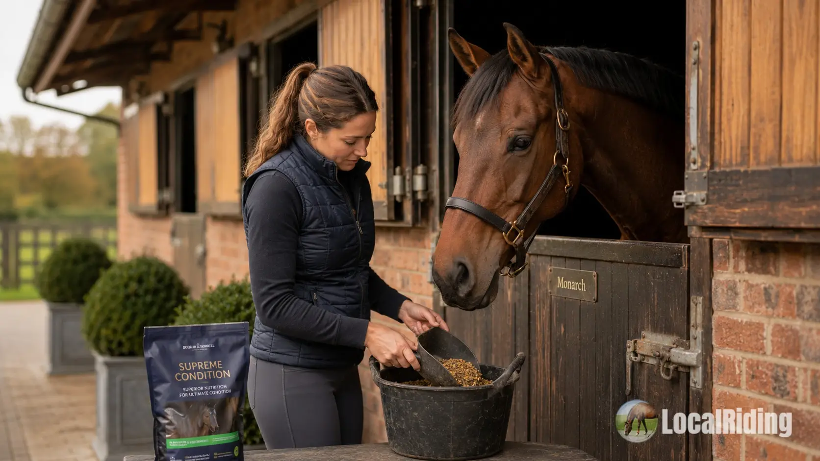 UK horse owner adding a supplement to her horse's feed at the stable