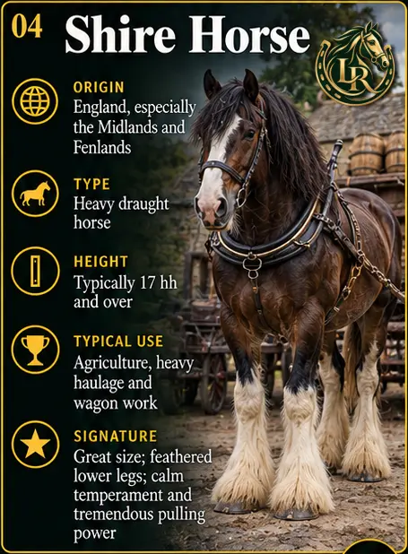 Shire Horse, Britain's gentle giant heavy horse with feathered legs and powerful build