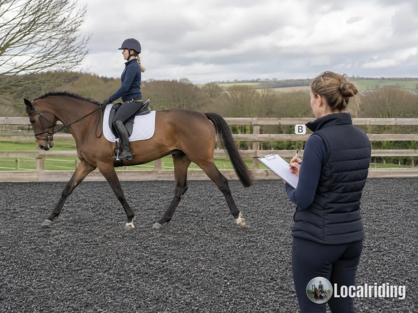 Equine physiotherapist observing and assessing a horse being ridden in an outdoor arena, noting movement quality and symmetry