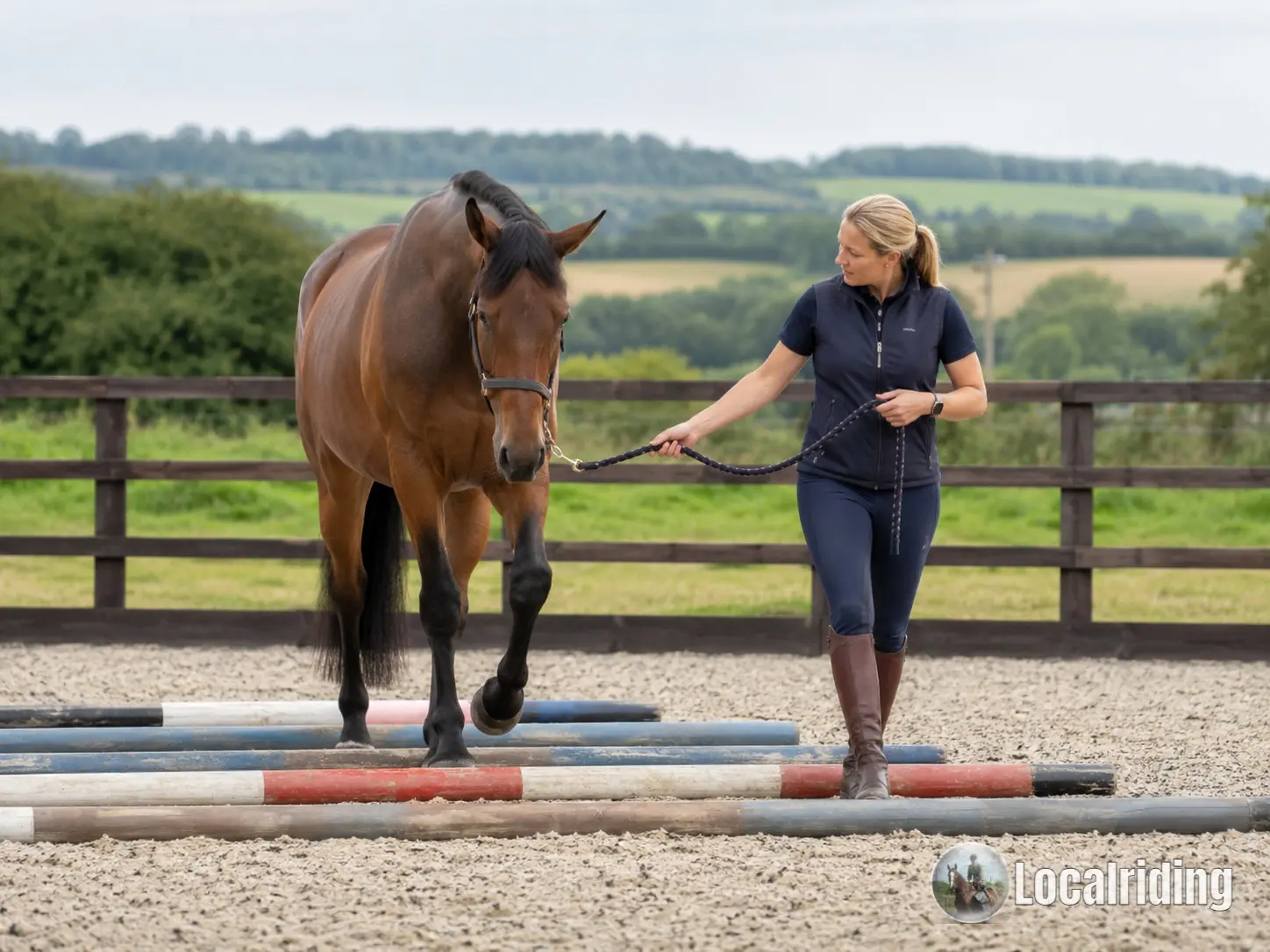 Horse being assessed walking over ground poles in-hand to evaluate movement quality, joint flexion and stride regularity
