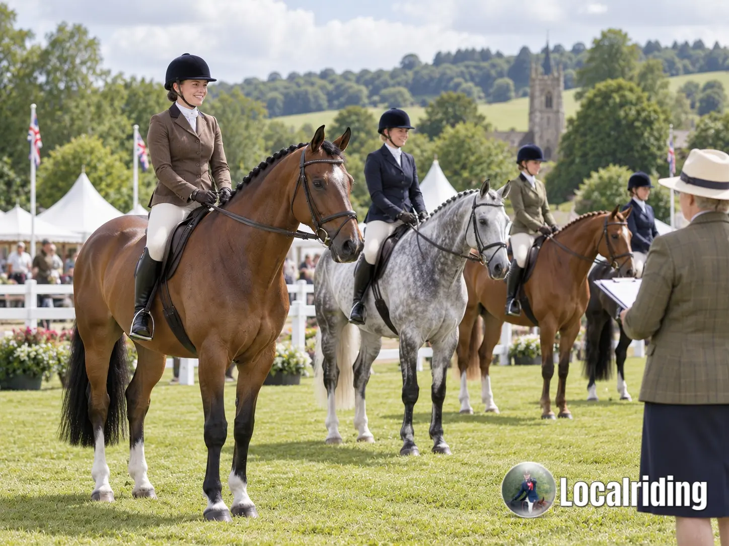 Competitors presenting horses in a showing class at a UK equestrian show