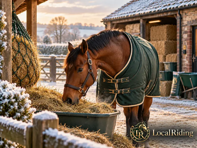 A rugged horse eating plentiful hay on a cold winter morning