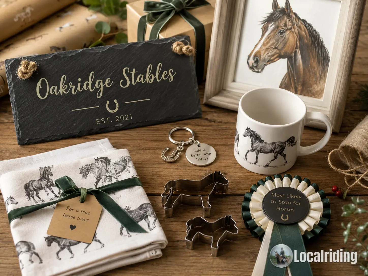 Collection of personalised equestrian gift ideas for horse owners including a stable name plate, custom items and branded equestrian products