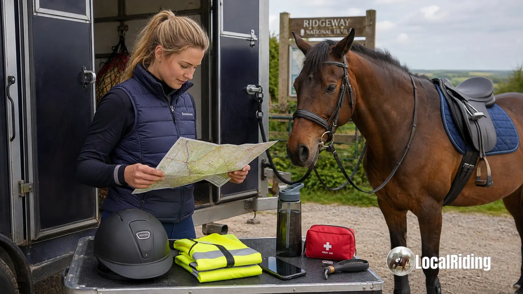 Rider planning a hack route with OS map and mobile phone before setting out