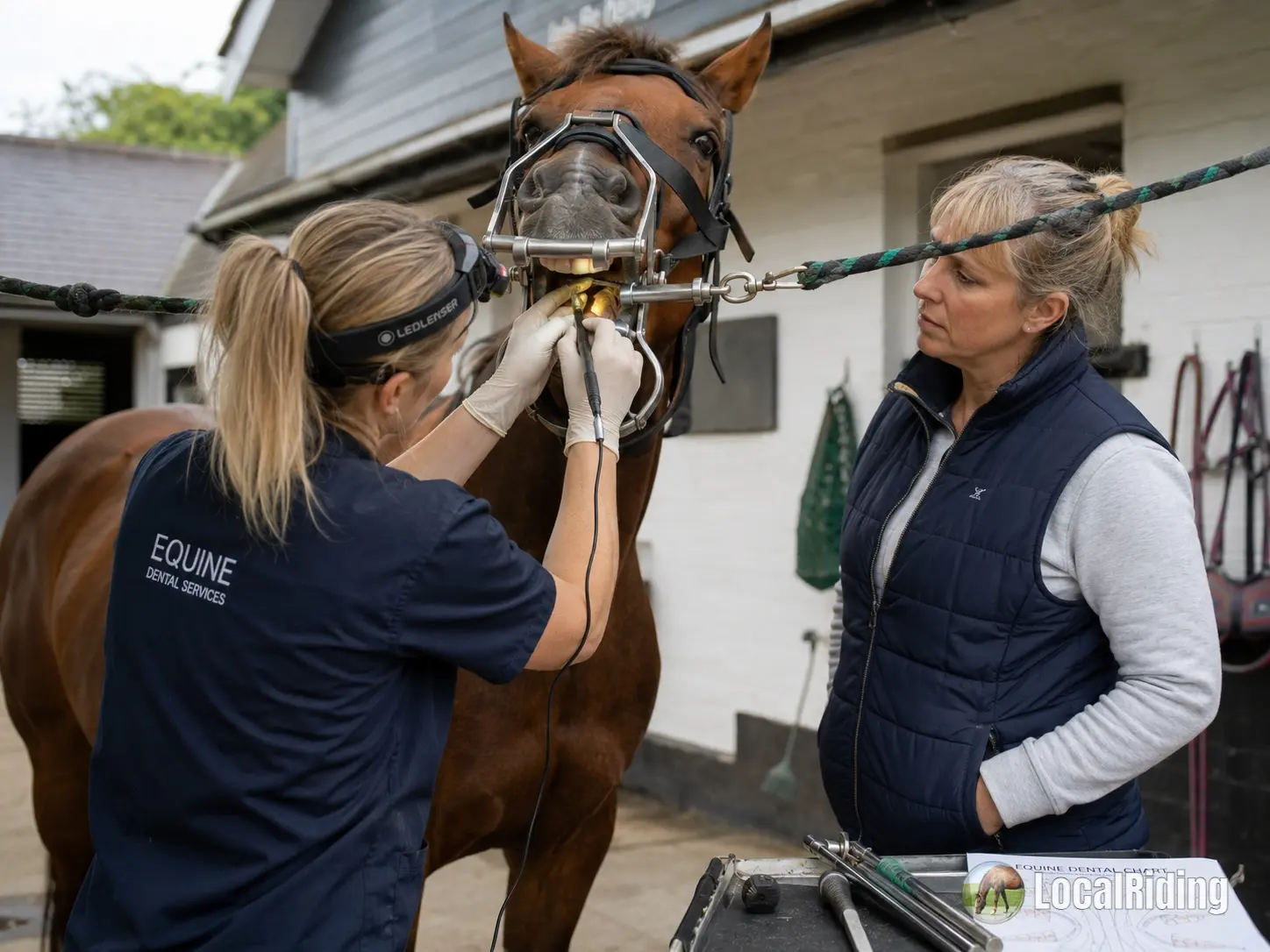 Equine dental professional examining a horse outdoors in the yard with a dental chart and instruments laid out on a table