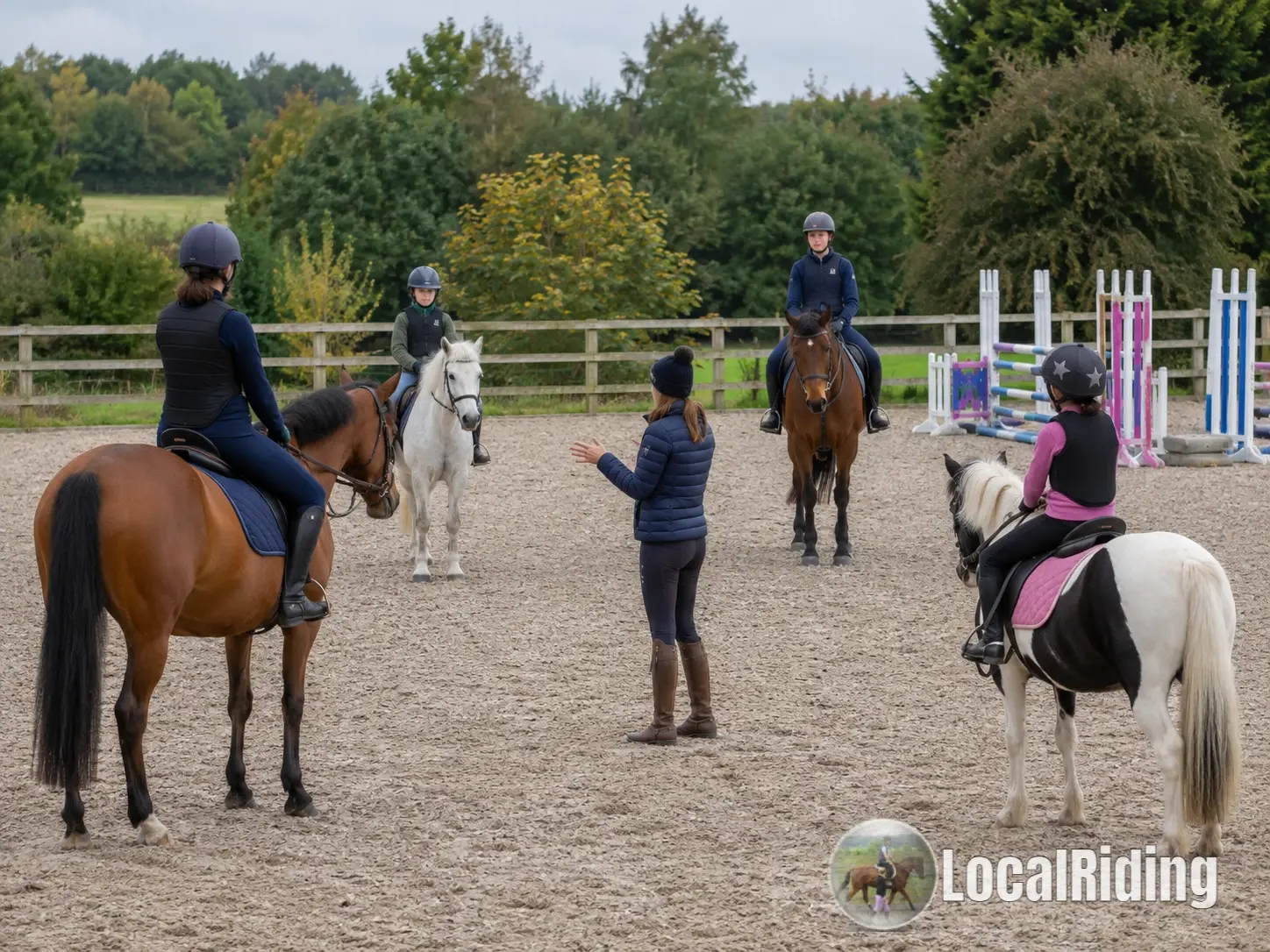 Group riding lesson at a UK riding school with an instructor teaching several riders and ponies in an outdoor arena