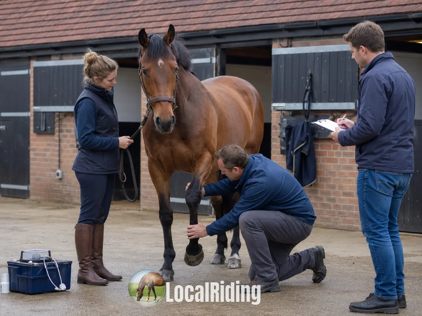 Vet carrying out a flexion test on a horse's leg during a pre-purchase vetting while a handler holds the horse and an assistant records findings