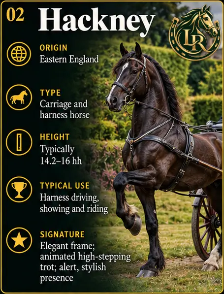 Hackney Horse showing the breed's elegant high-stepping trot and proud carriage