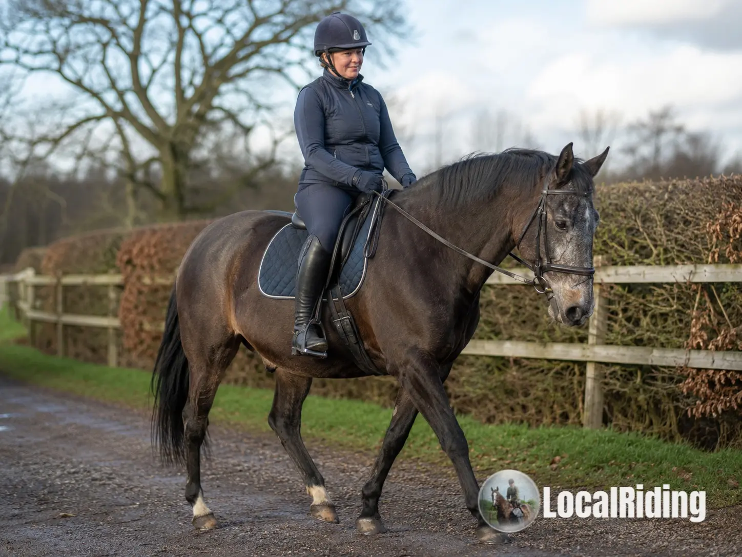 A rider hacking a grey veteran horse along a UK country lane to maintain mobility