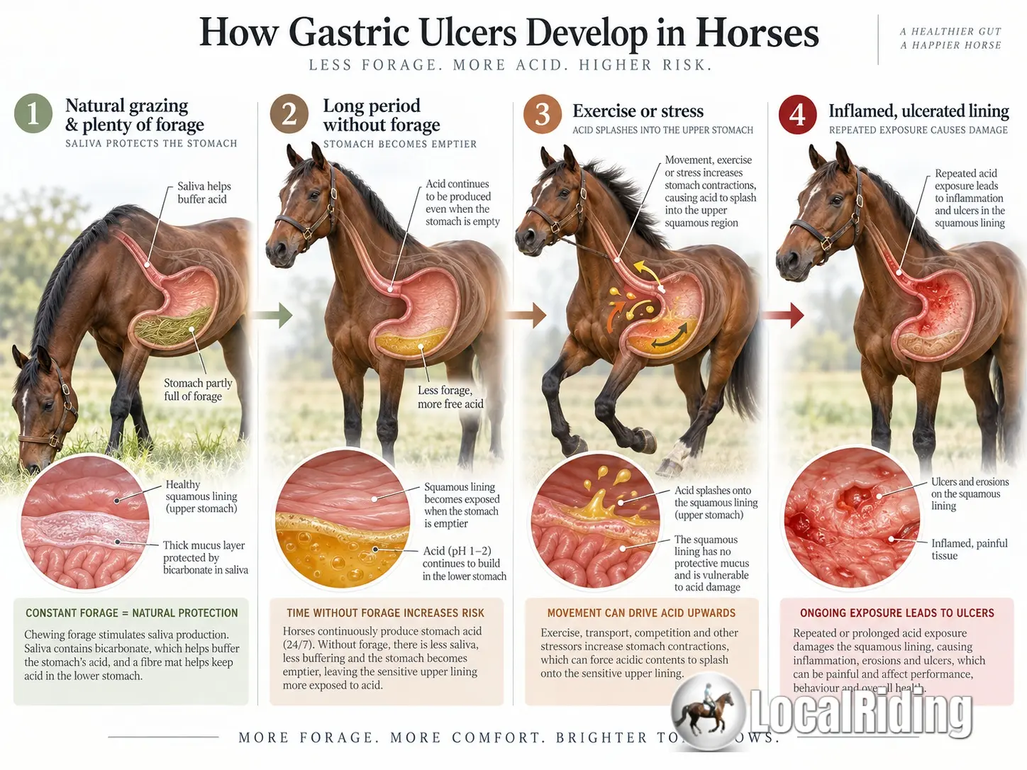 Four-stage illustration showing how reduced forage, continuous acid and exercise can contribute to equine gastric ulcers