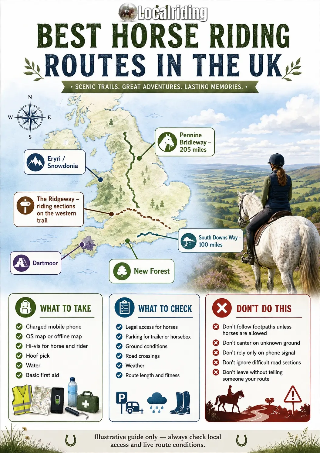 Infographic: Best Horse Riding Routes in the UK — what to take, what to check, and what to avoid on a hack