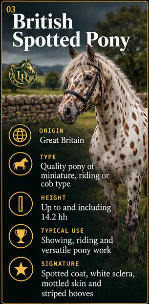 British Spotted Pony showing its distinctive spotted coat, a rare and colourful native British breed