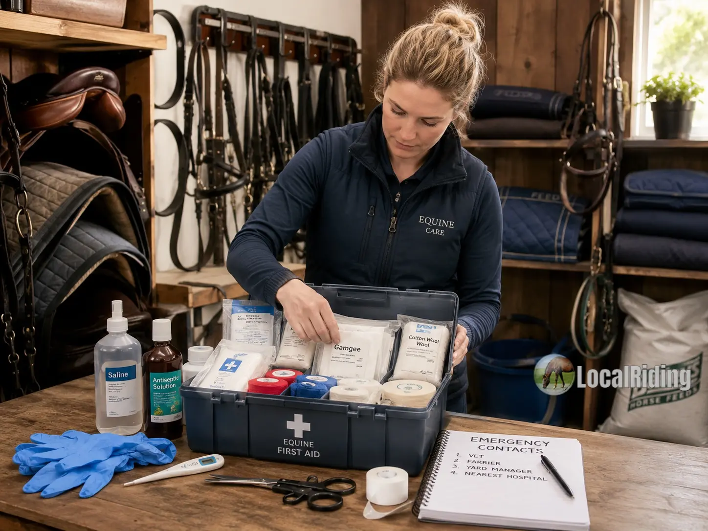 UK horse owner organising an equine first aid kit on a tack room table with saline, antiseptic, gloves, bandages, scissors, thermometer and emergency contacts