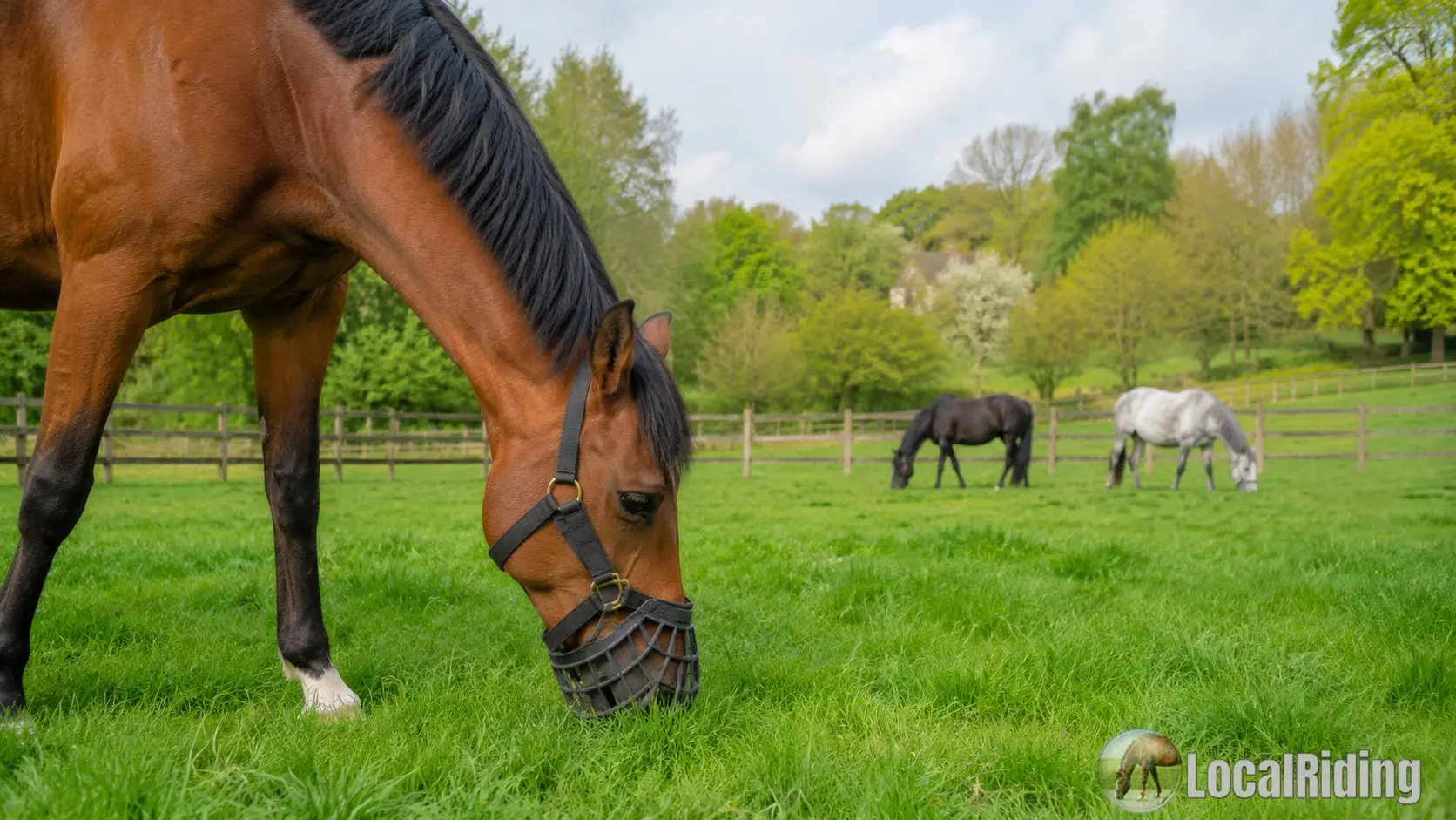 Bay horse wearing a grazing muzzle on lush spring grass in a UK paddock, with other horses grazing in the background — a key laminitis prevention measure