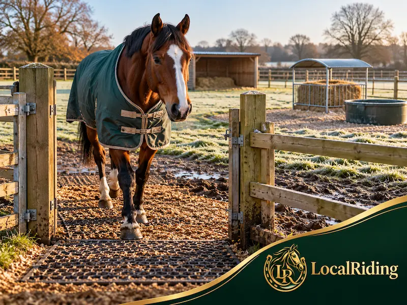 A rugged horse walking through a field gateway laid with rubber grid mats and woodchip to reduce winter mud