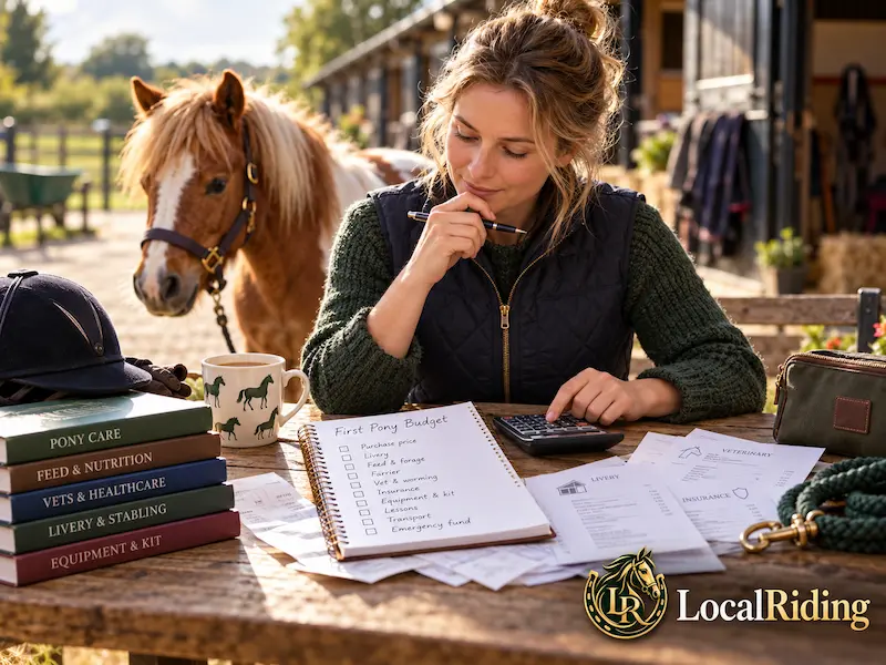 A pony owner works through a monthly first pony budget covering livery, feed, farrier, vet, insurance and kit
