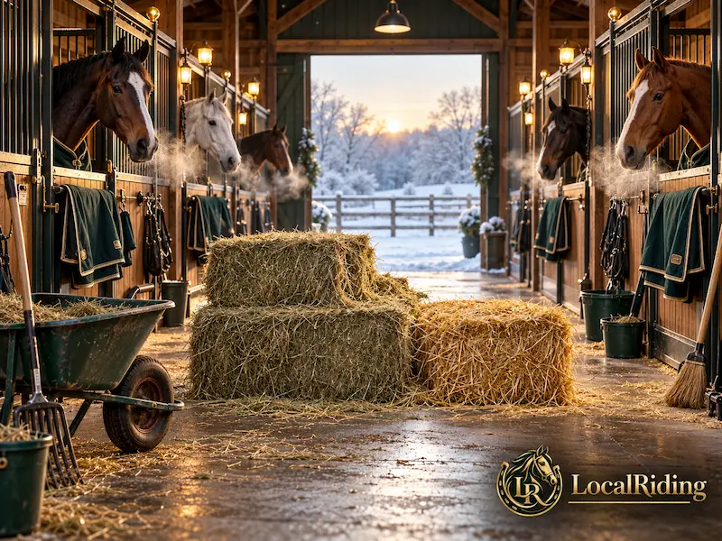 A well-ventilated stable barn stocked with hay and bedding on a winter morning