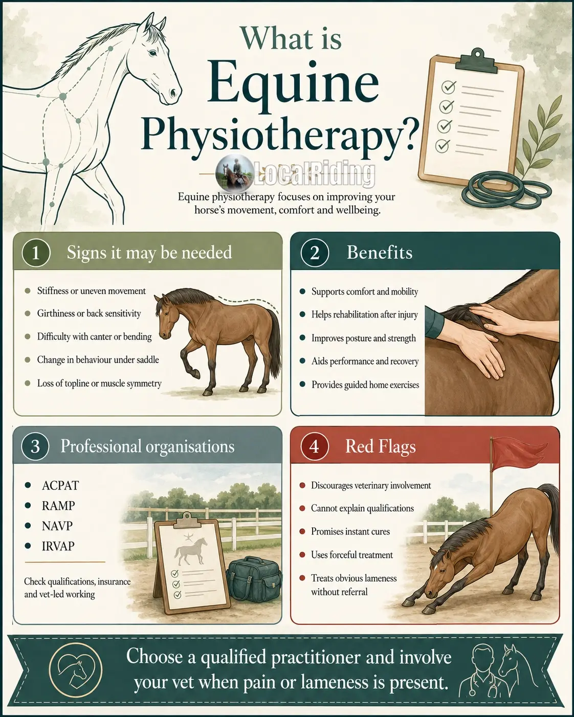 Equine physiotherapy infographic covering signs your horse may need physio, benefits, professional organisations including ACPAT, RAMP, NAVP and IRVAP, and red flags to watch for when choosing a practitioner